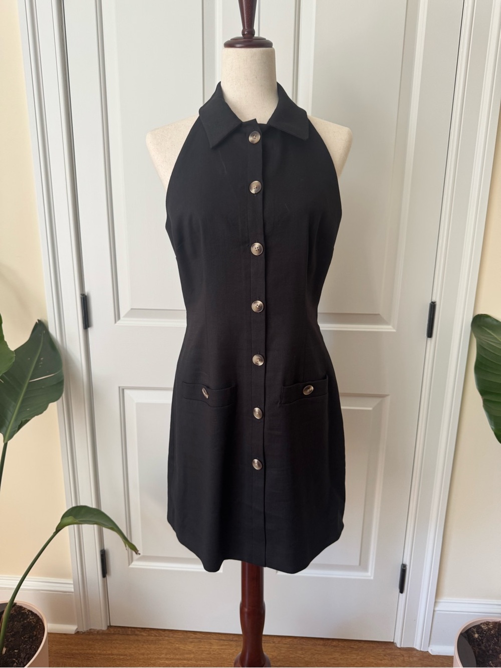 Veronica Beard Black Halter Collared Button-Front Dress